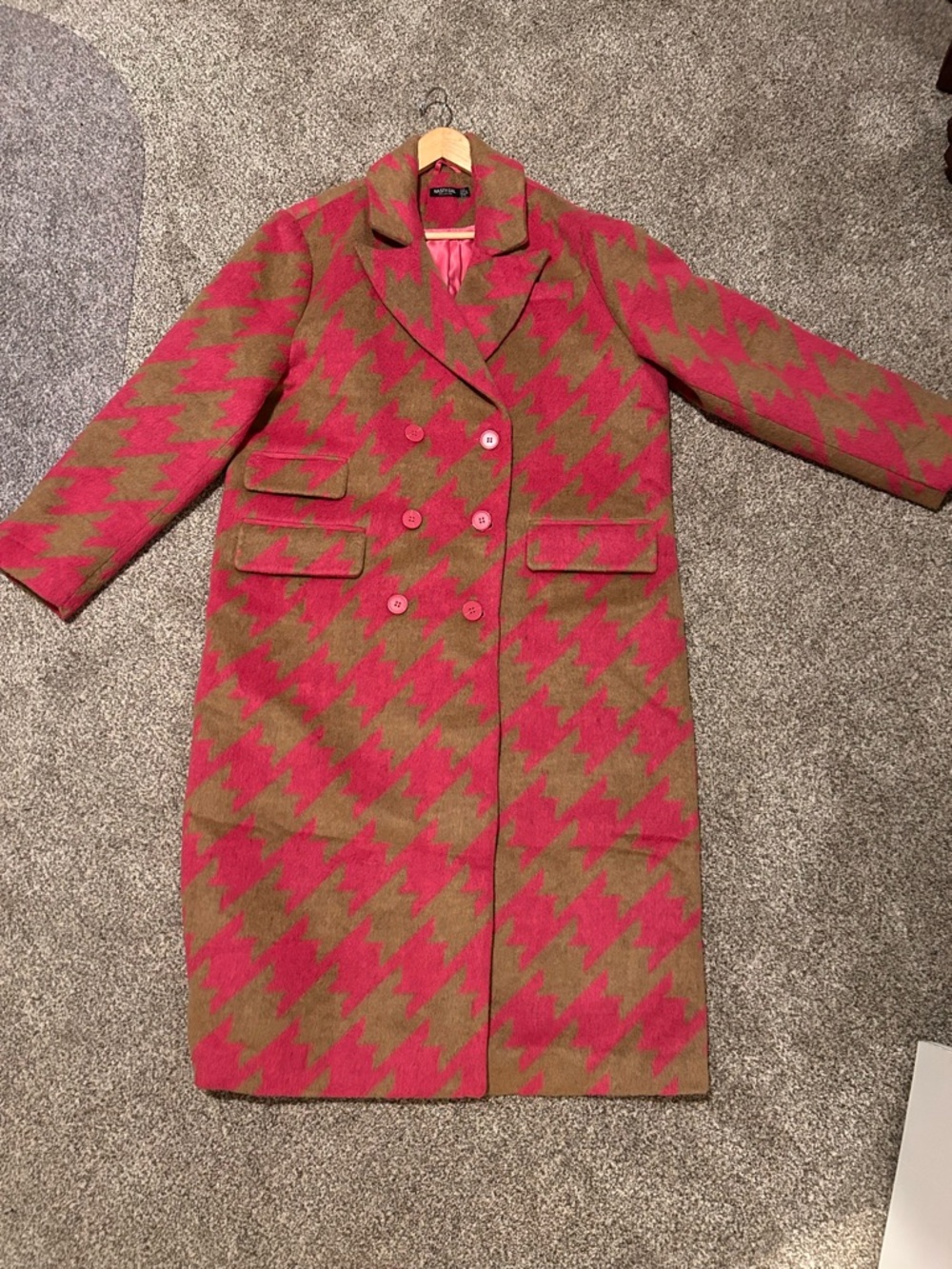 Pink & Camel Houndstooth Double-Breasted Full Length Coat